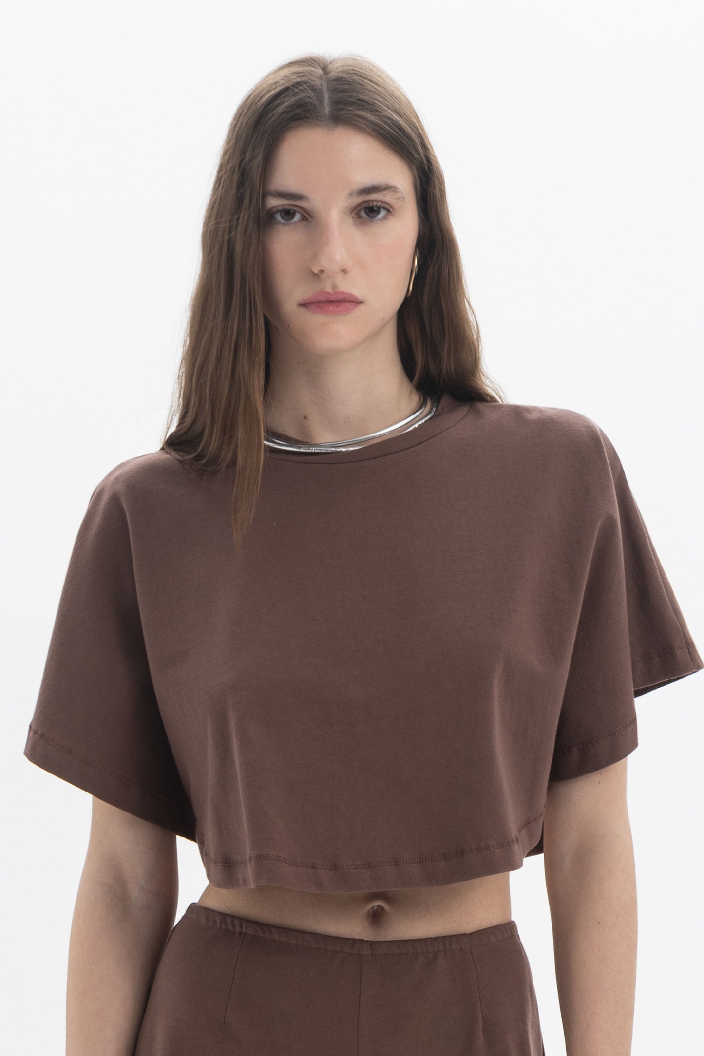 B&B x F Cropped Short Sleeve Top in brown, featuring relaxed silhouette and clean round neckline.