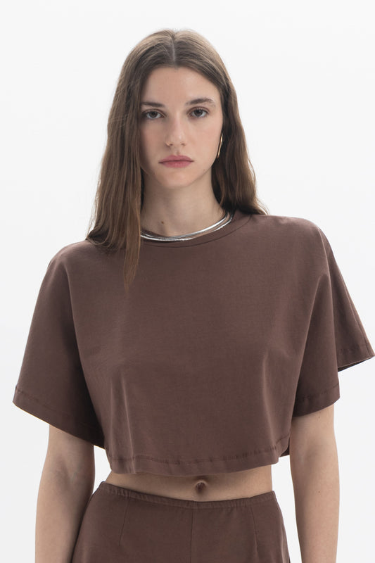 B&B x F Cropped Short Sleeve Top in brown, featuring relaxed silhouette and clean round neckline.