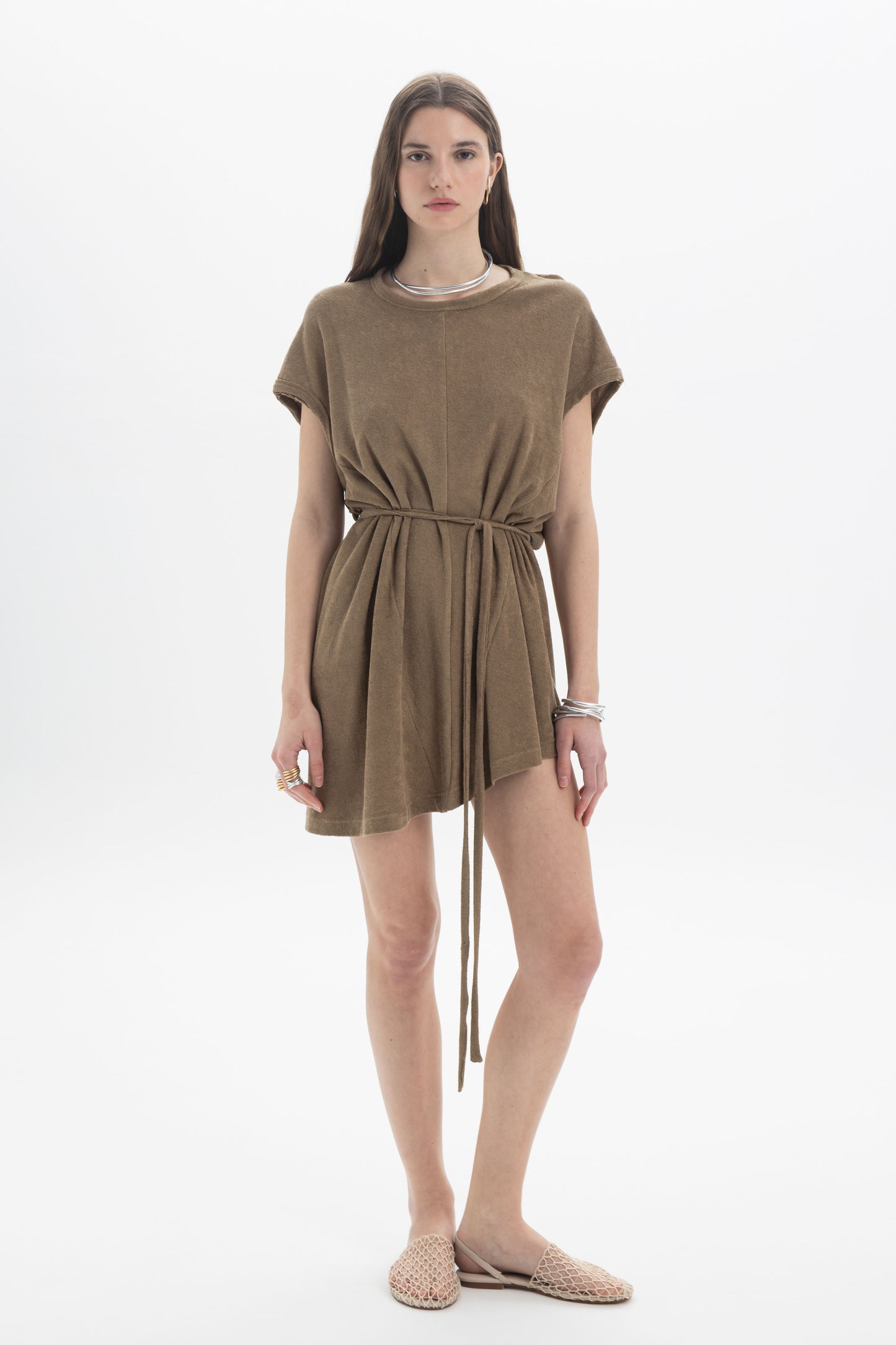 B&B x F Belted Mini Dress on a model showcasing relaxed silhouette and self-tie belt, perfect for day to evening wear.