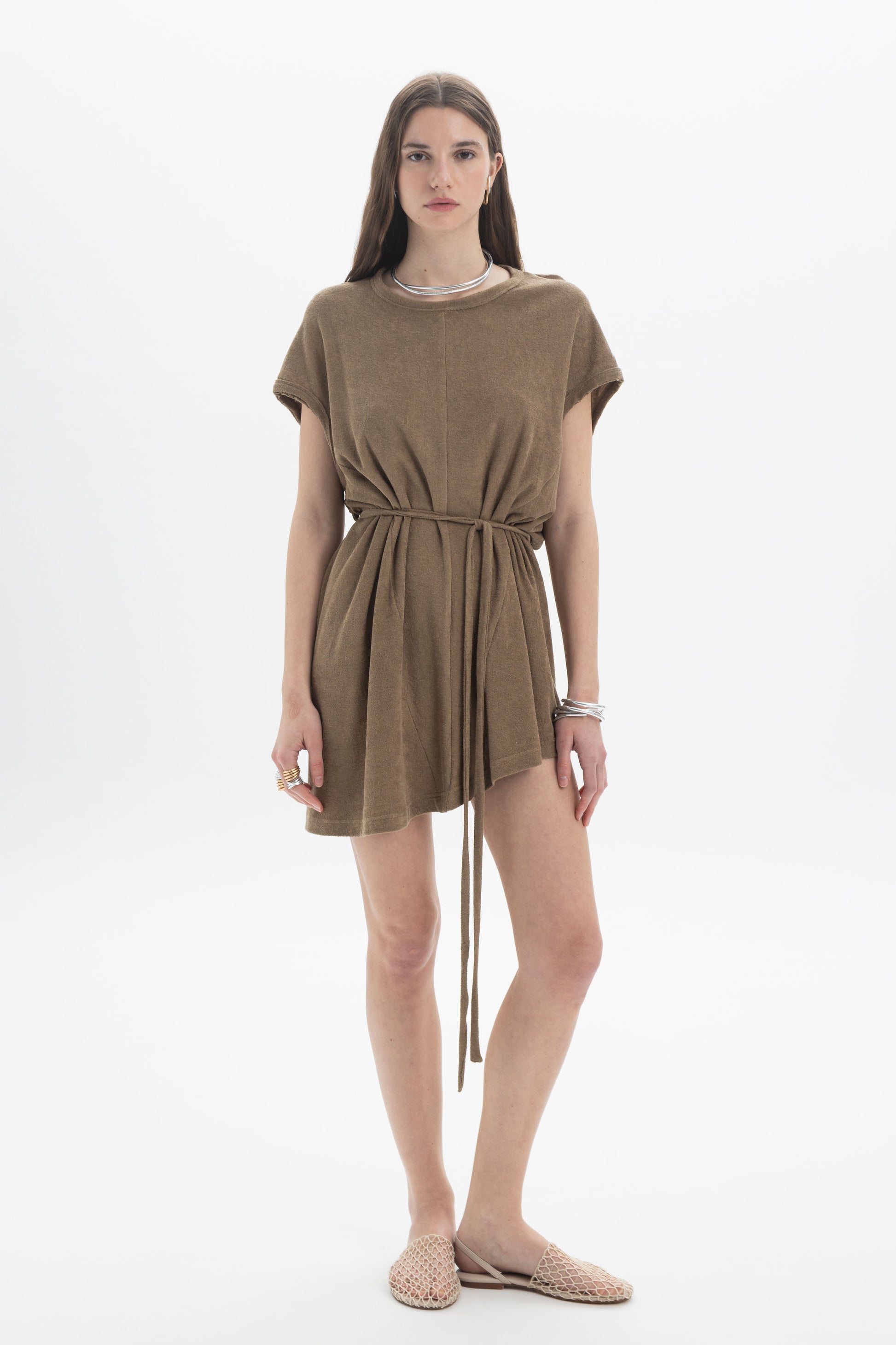 B&B x F Belted Mini Dress on a model showcasing relaxed silhouette and self-tie belt, perfect for day to evening wear.