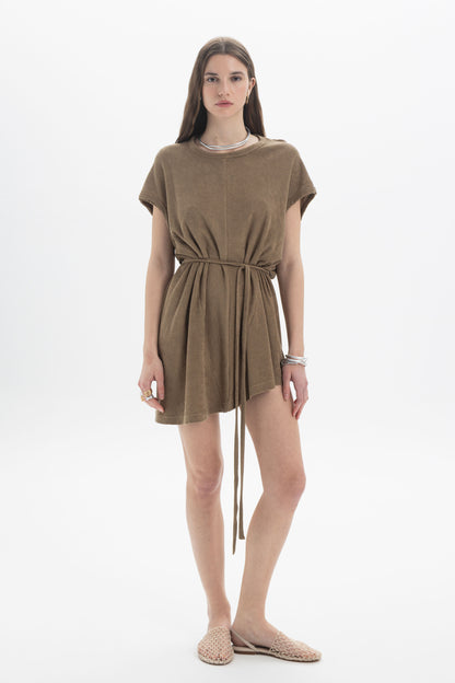 B&B x F Belted Mini Dress on a model showcasing relaxed silhouette and self-tie belt, perfect for day to evening wear.