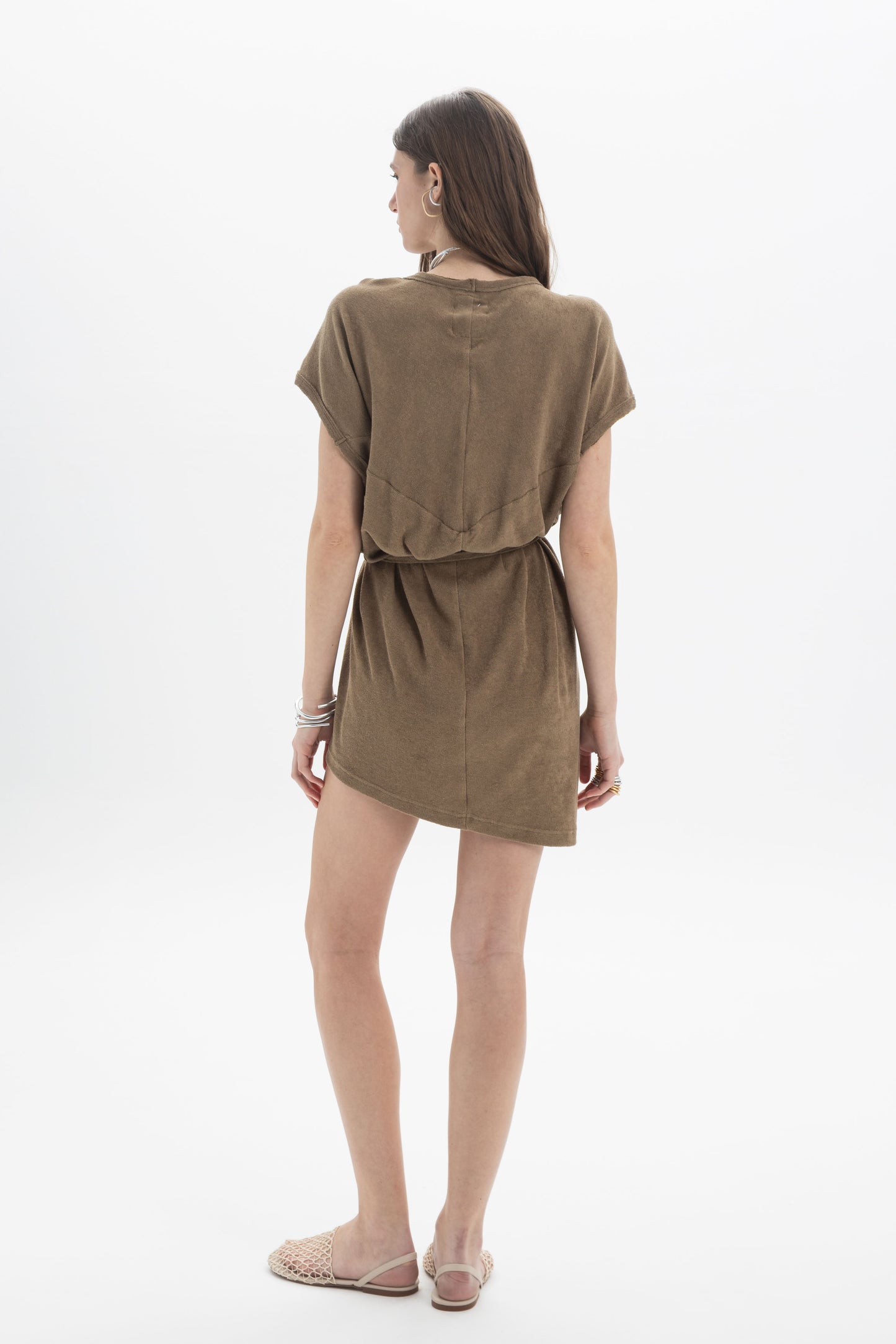 B&B x F Belted Mini Dress displayed from the back, showcasing its relaxed fit and self-tie belt for a defined waist.