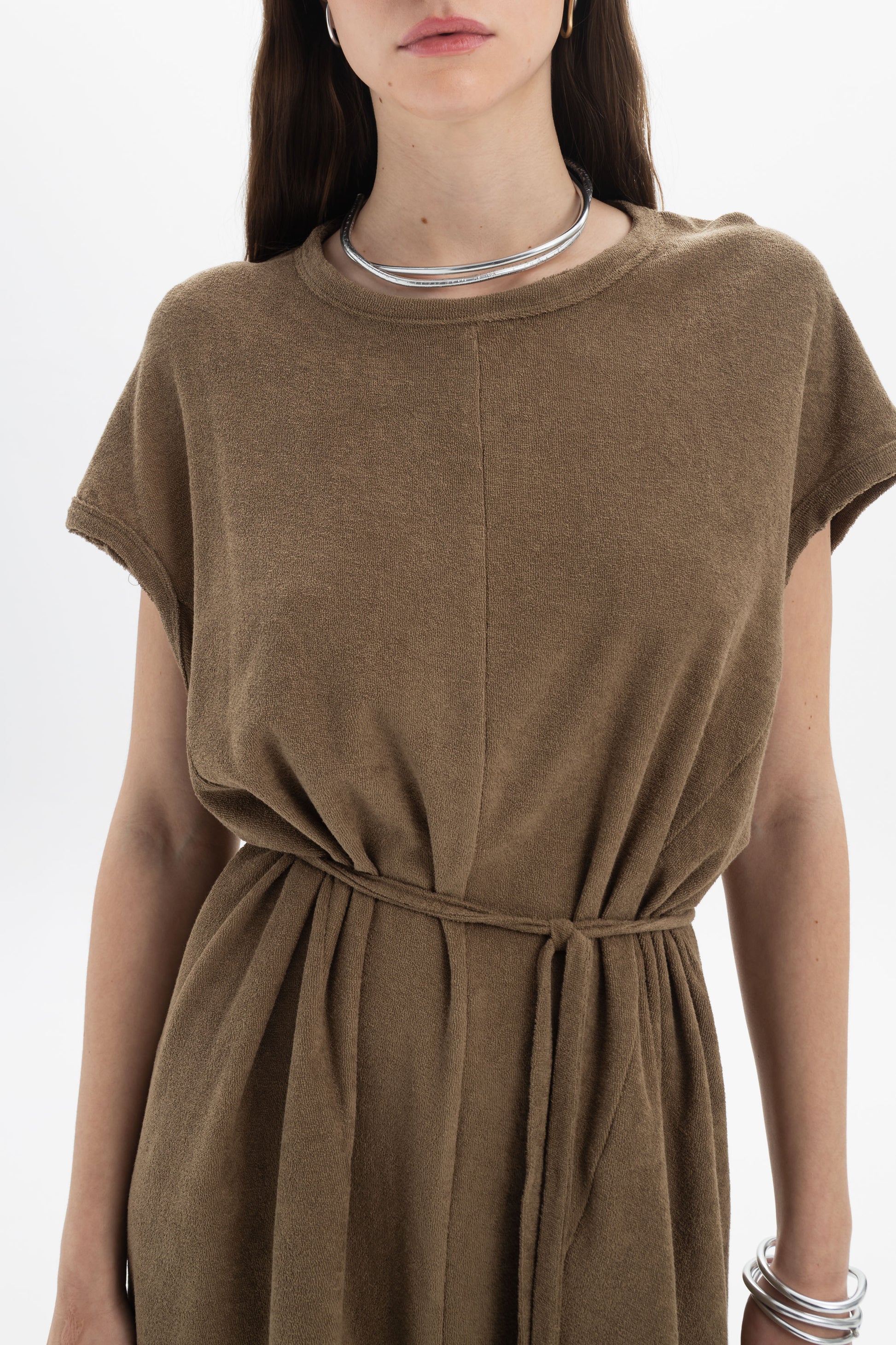 B&B x F Belted Mini Dress in brown fabric, featuring short sleeves and a self-tie belt for a defined waist.