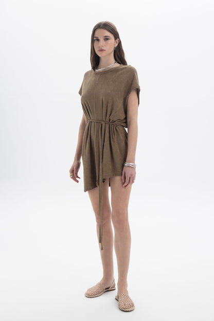 Model wearing B&B x F Belted Mini Dress in brown, featuring a relaxed silhouette and self-tie belt for a defined waist.