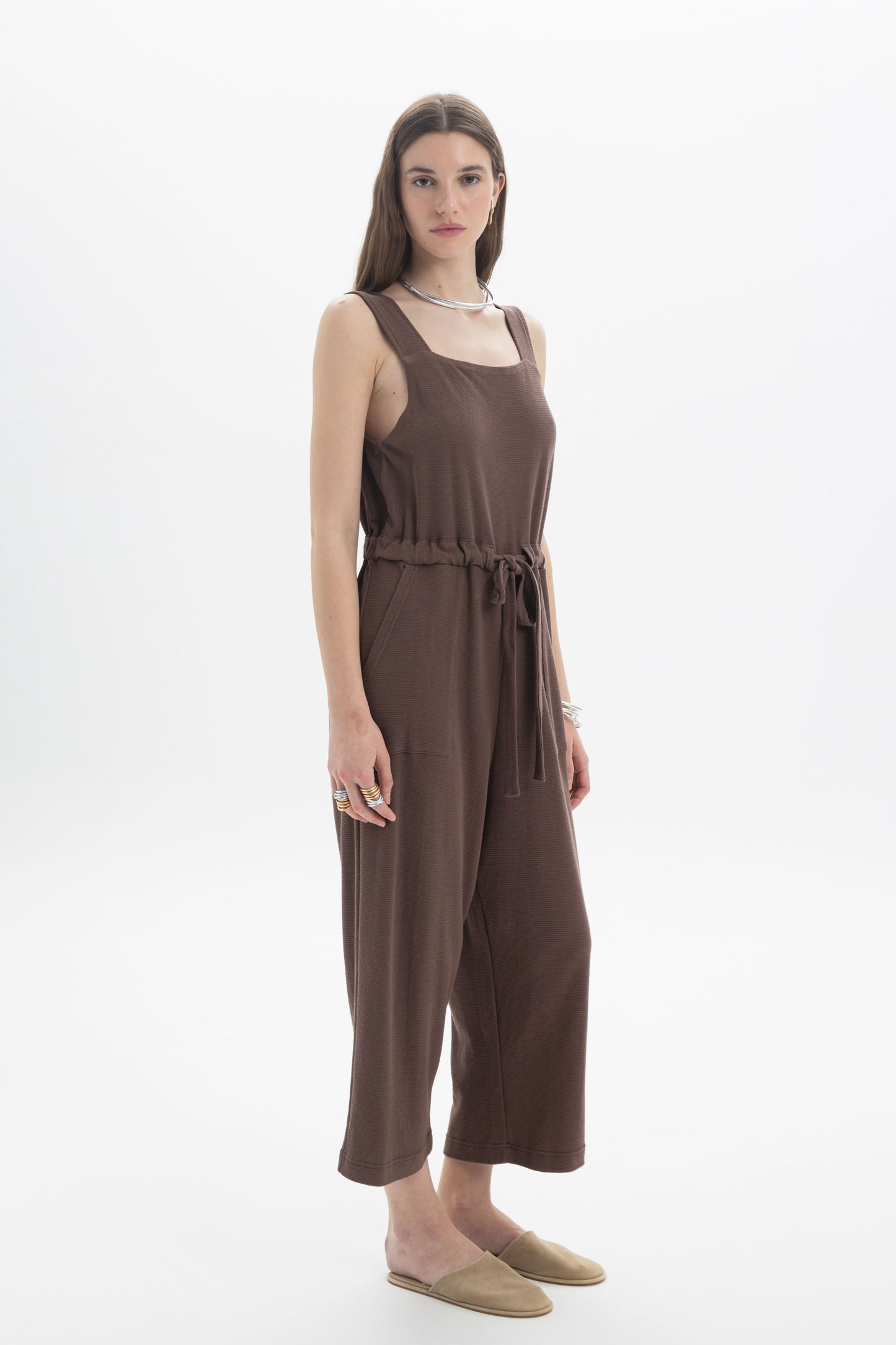 B&B x F Belted Jumpsuit featured on a model, showcasing the square neckline and relaxed wide-leg design.