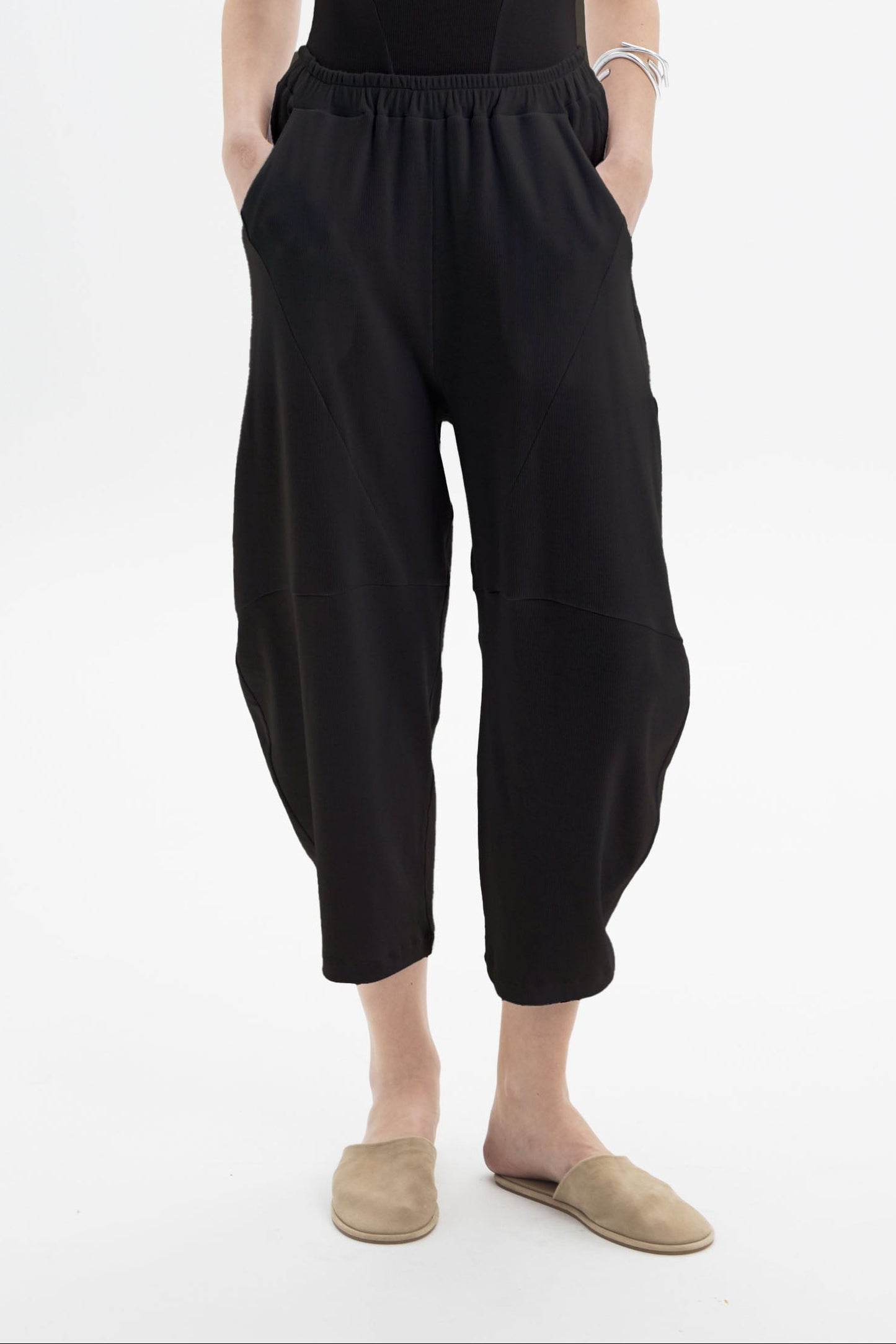 Black and Black B&B x F relaxed tapered pants in black, shown with a comfortable, casual fit and sleek design.