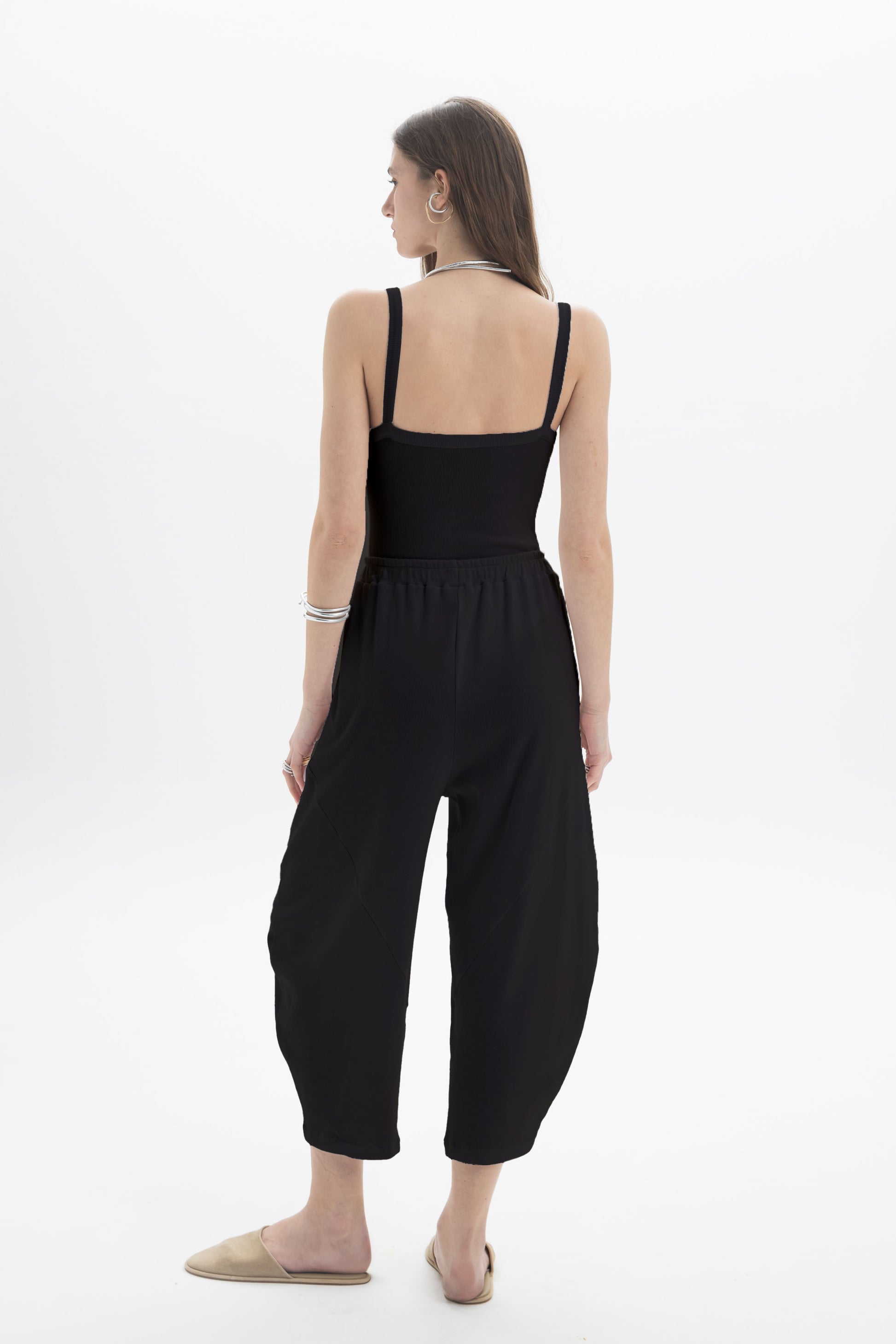 Black and Black B&B x F ribbed strap body with fitted design and ribbed texture, shown in black on a mannequin.