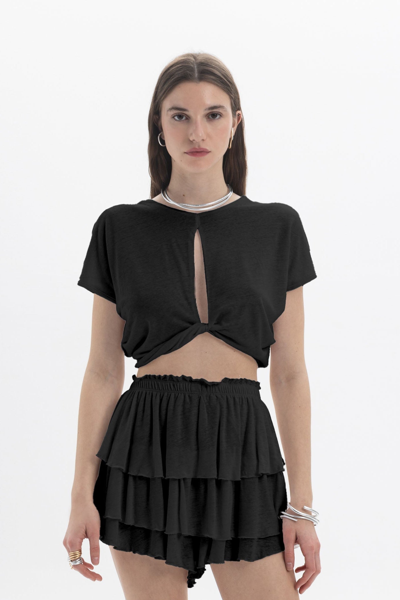 Black and Black B&B x F Twist Back Crop Top, front view showing the fitted style and twist-back design in black fabric.