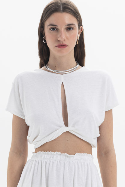 B&B x F Twist Back Crop Top featuring a twisted open-back detail and subtle front opening, designed for versatile styling.