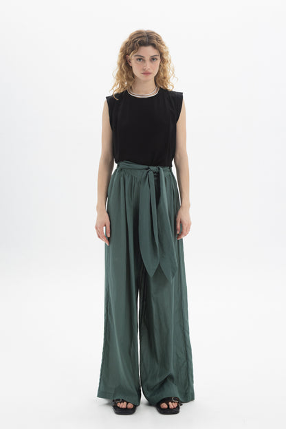 Wide-Leg Belted Pants in a relaxed fit with a matching fabric belt and stylish black top.