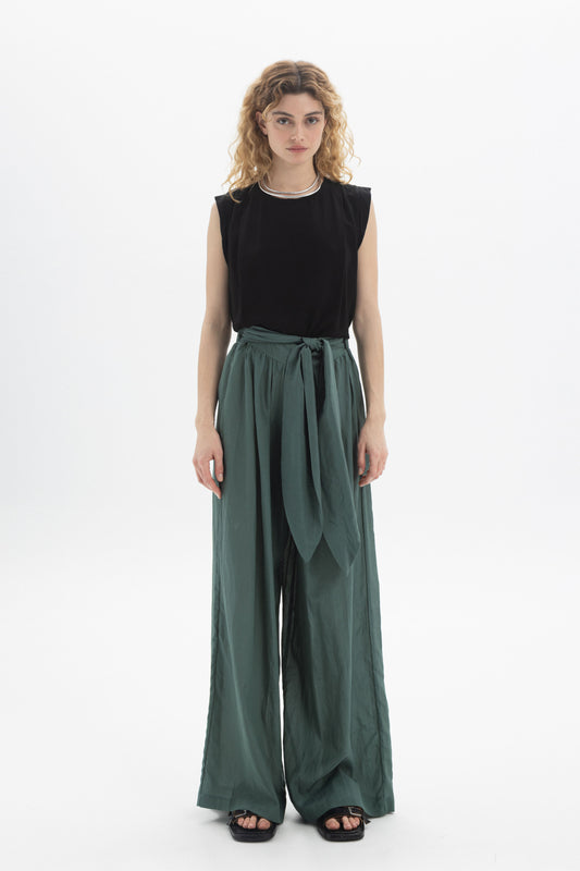 Wide-Leg Belted Pants in a relaxed fit with a matching fabric belt and stylish black top.