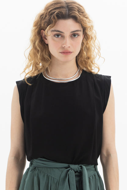 Black and Black sleeveless top with a fitted design, shown in a close-up front view highlighting the fabric and style details.