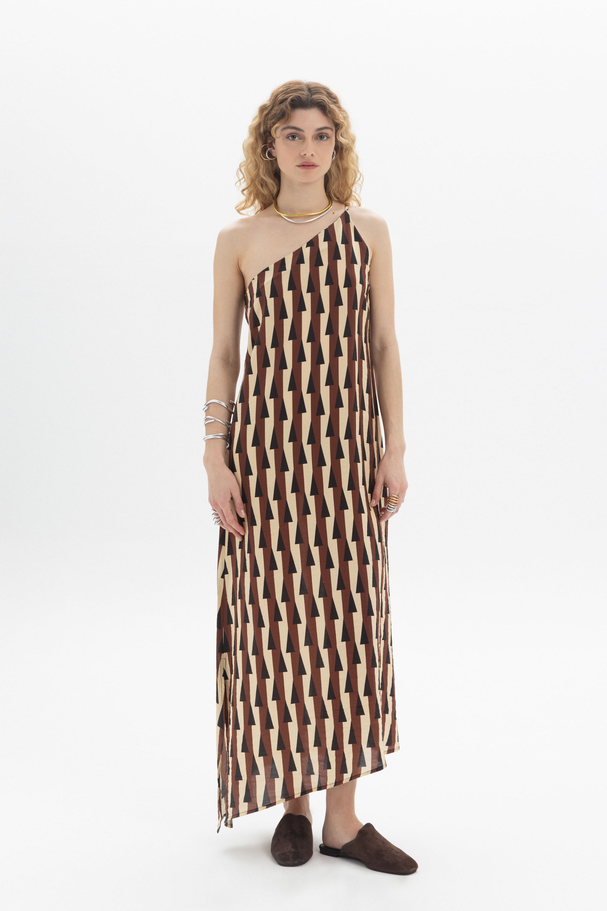 One-Shoulder Maxi Dress on a model, featuring an asymmetric design and contemporary silhouette.