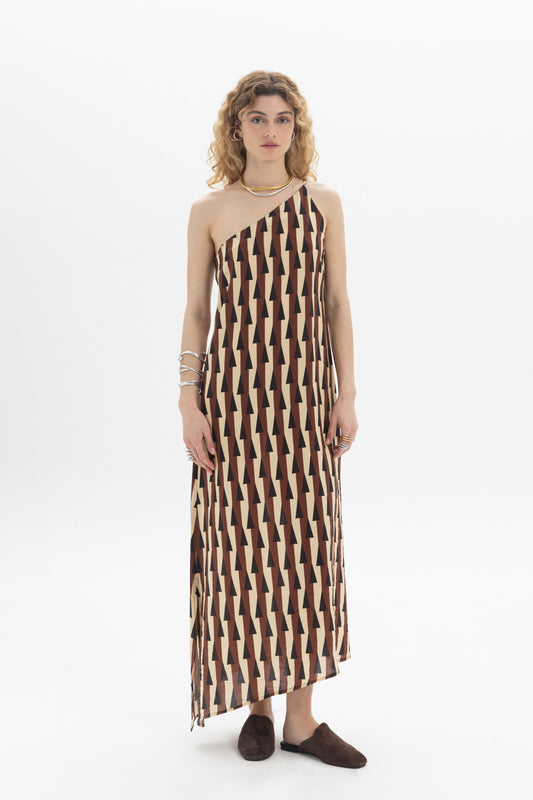 One-Shoulder Maxi Dress on a model, featuring an asymmetric design and contemporary silhouette.