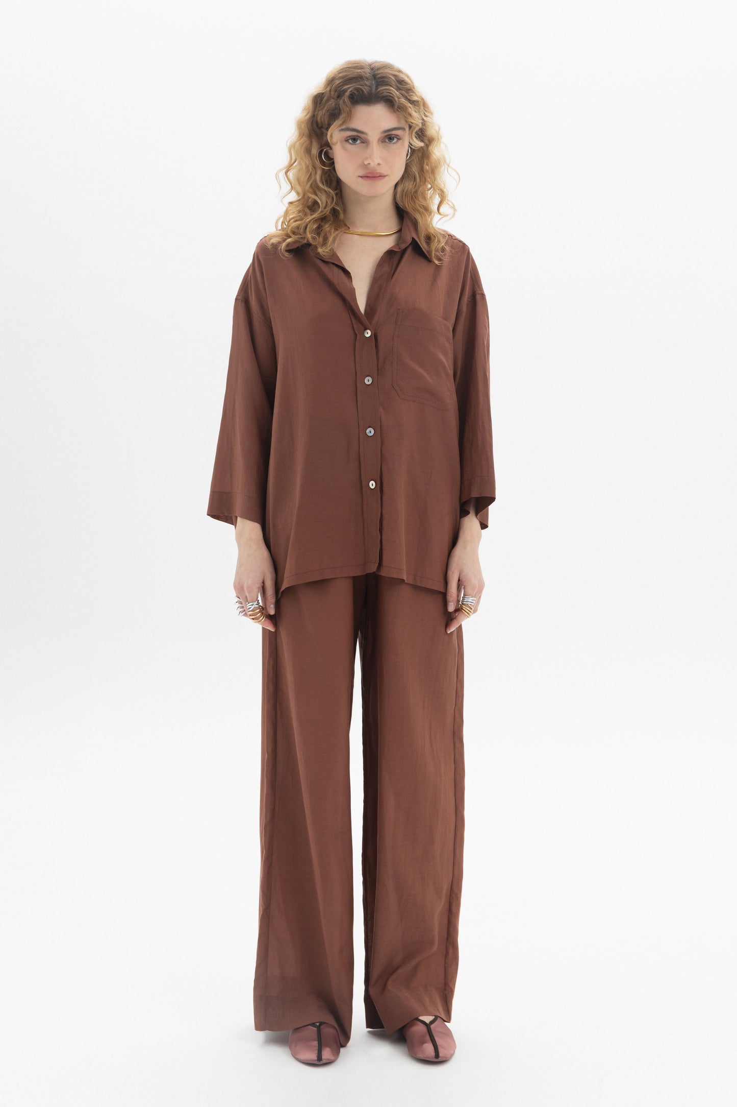 Relaxed Button-Up Shirt in brown with soft collar, dropped shoulders, and chest pocket, ideal for a laid-back style.