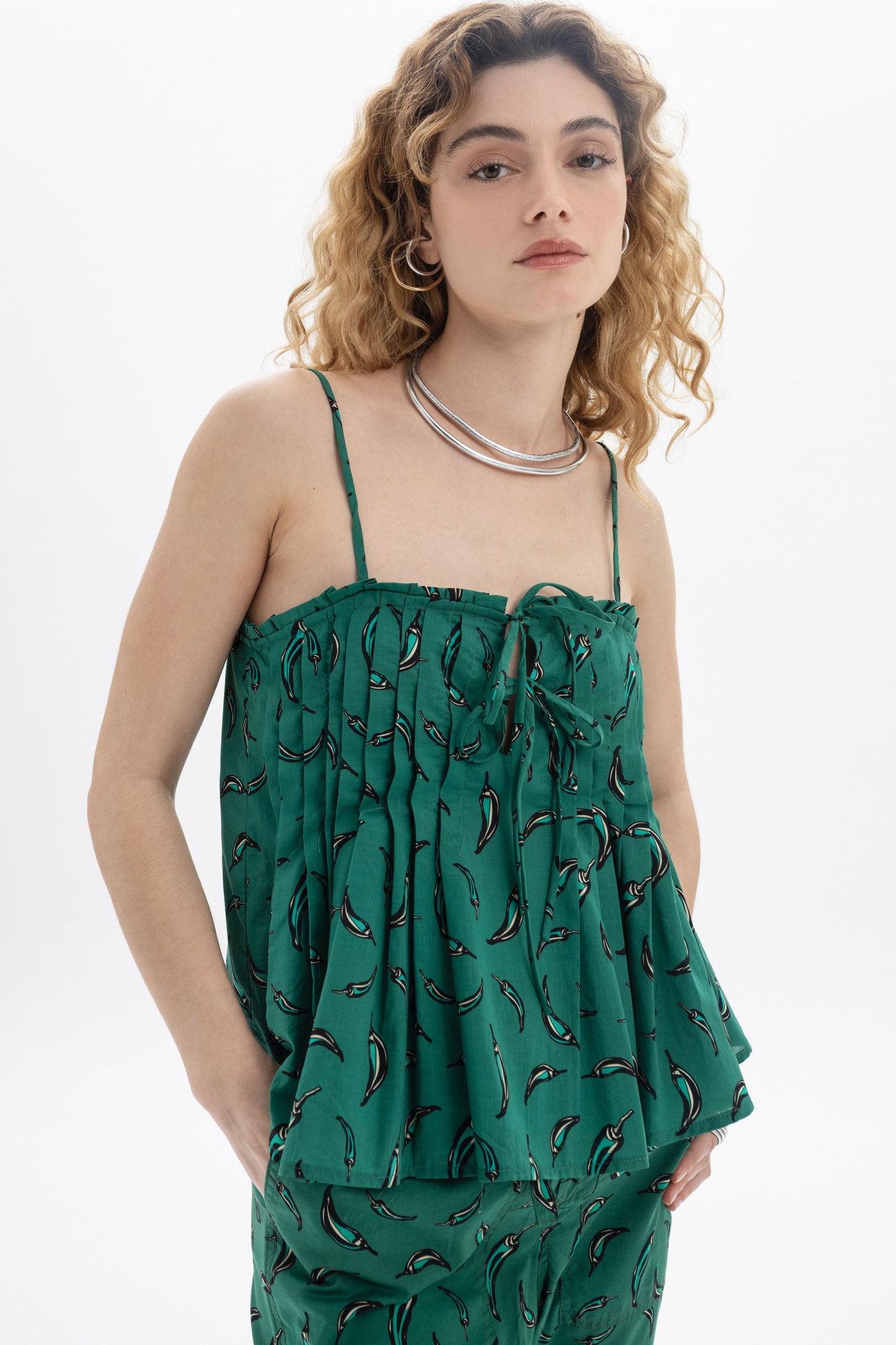 Tie Front Cami with thin straps and gathered neckline, featuring an all-over green chili pepper print.