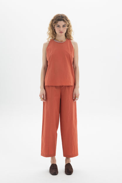 Halter Cotton Top in terracotta, sleeveless with a relaxed fit, perfect for warm-weather styling.