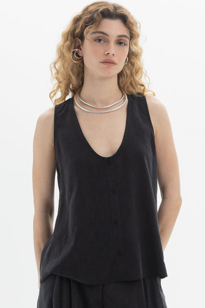 Sleeveless Button Top featuring a deep V-neckline and front button closure in soft Tencel fabric.
