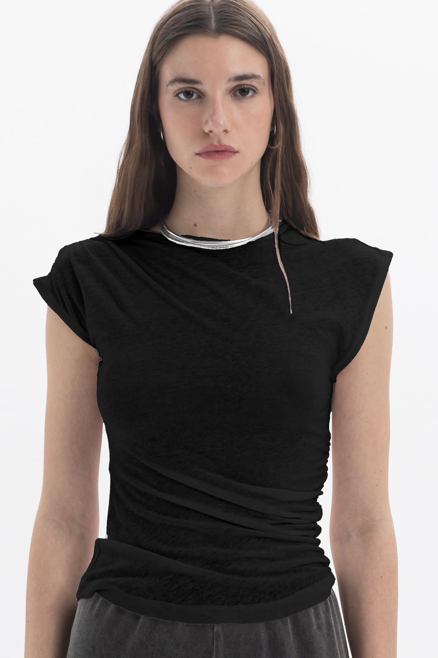 Black and Black B&B x F draped cap sleeve top, stylish black blouse with elegant draping and cap sleeves.