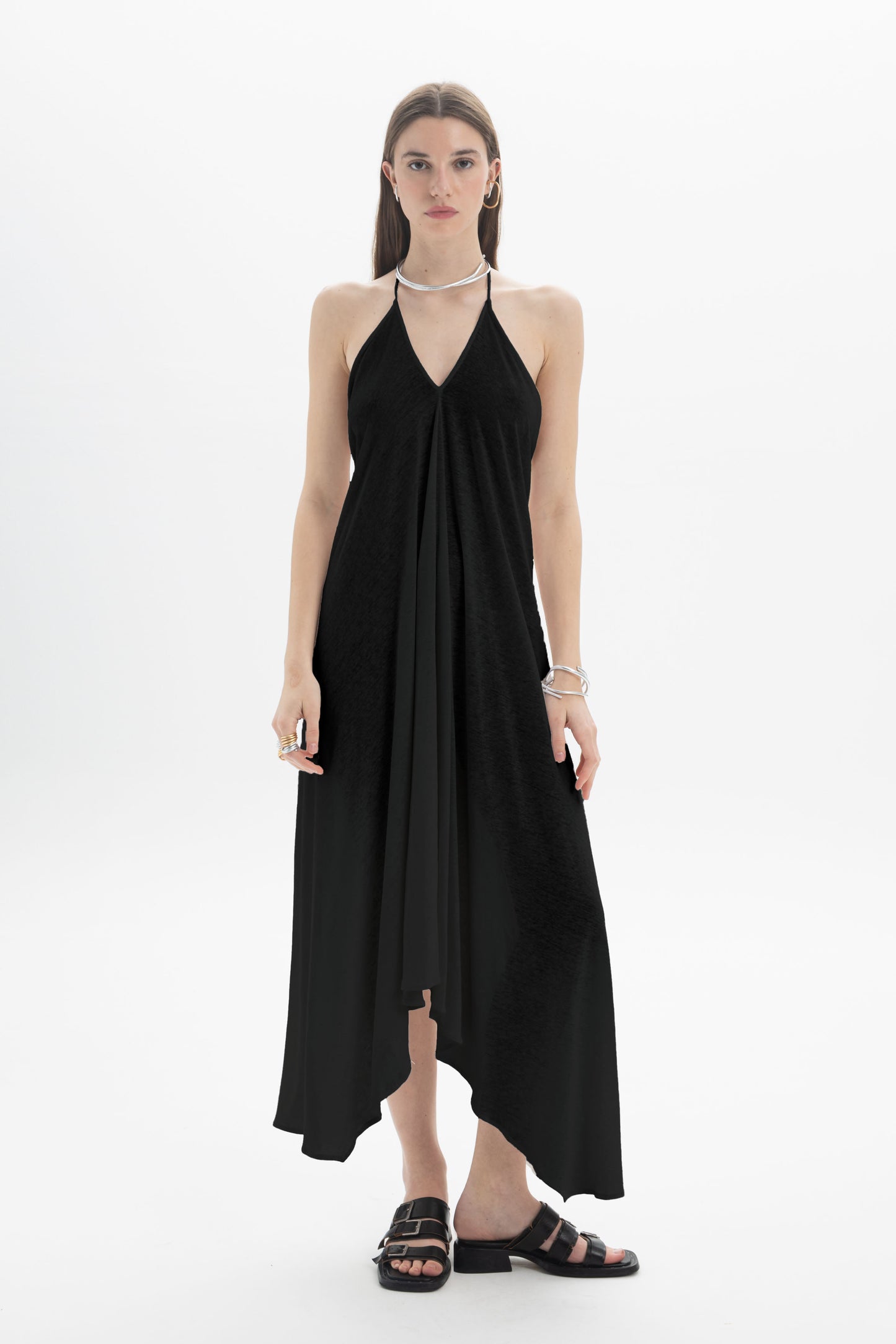 Black and Black B&B x F halter asymmetric dress, stylish sleeveless design with unique draping, perfect for elegant occasions.
