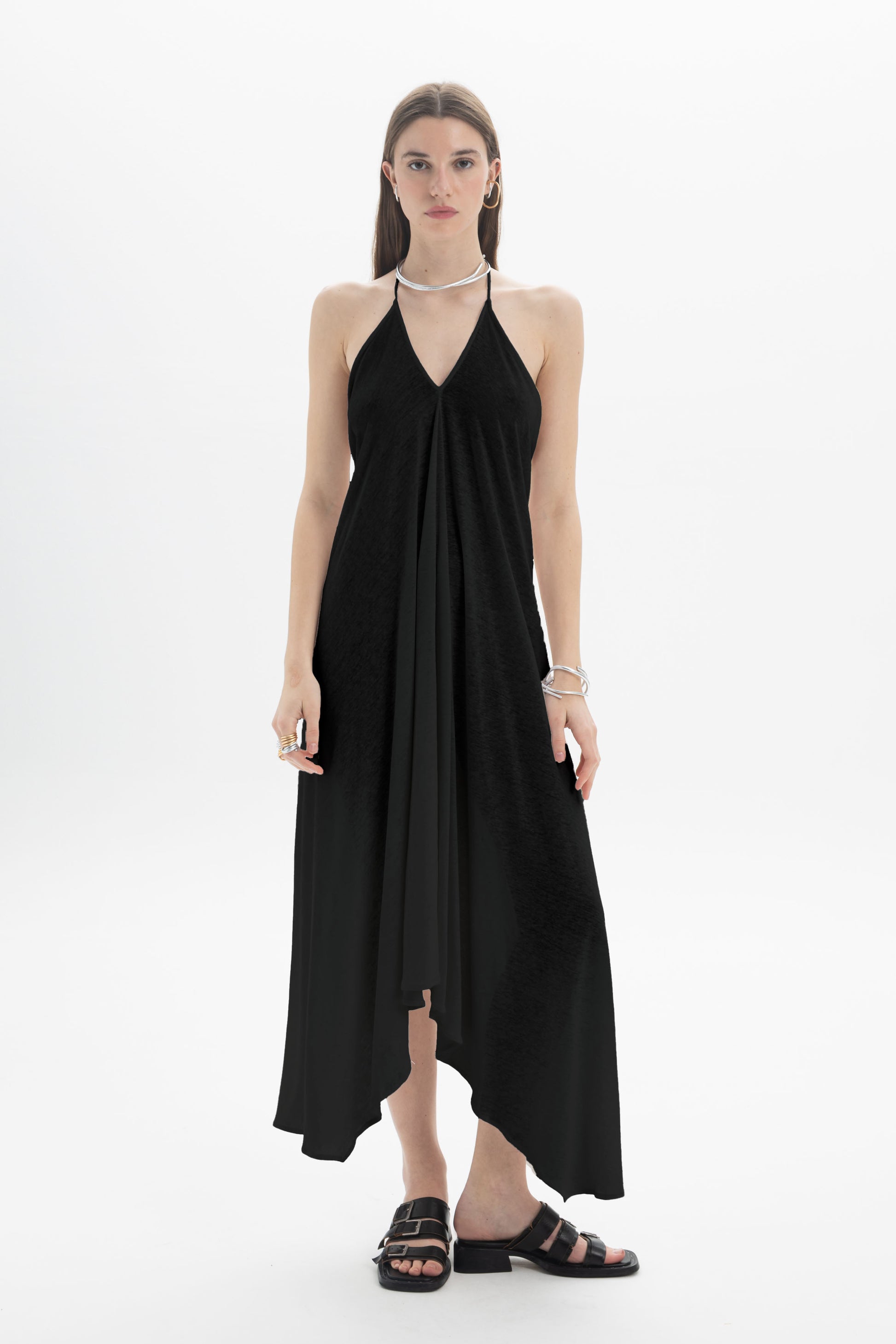 Black and Black B&B x F halter asymmetric dress, stylish sleeveless design with unique draping, perfect for elegant occasions.