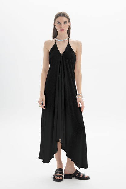 Black and Black B&B x F halter asymmetric dress, stylish sleeveless design with unique draping, perfect for elegant occasions.