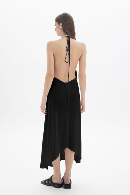 Black and Black B&B x F halter asymmetric dress featuring a stylish cut, flowing fabric, and modern design.