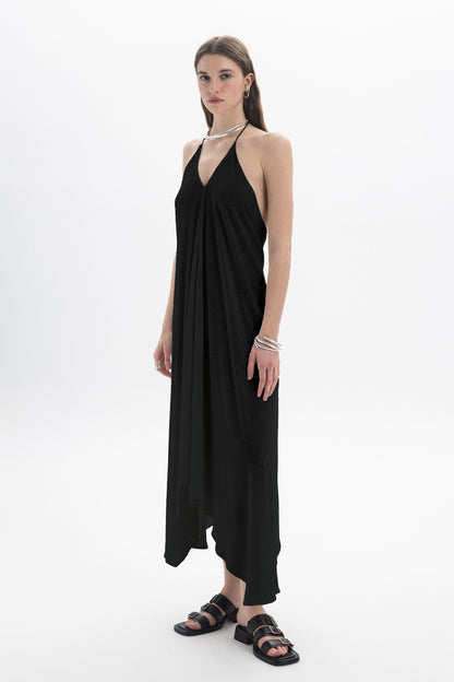 Black and Black B&B x F Halter Asymmetric Dress displayed on a hanger with bold, modern design and unique asymmetric cut.