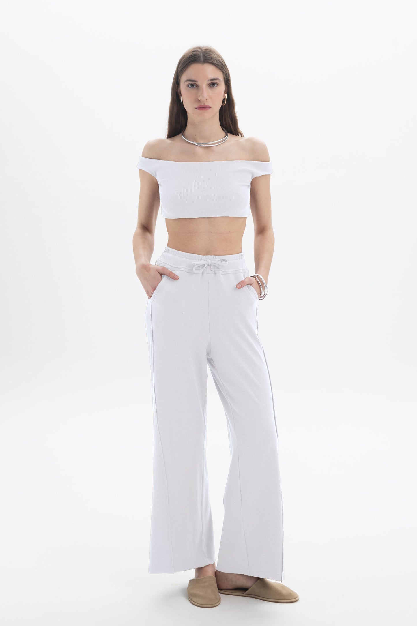 Black and Black B&B x F drawstring relaxed pants with adjustable waist and casual fit, shown in a neutral color.