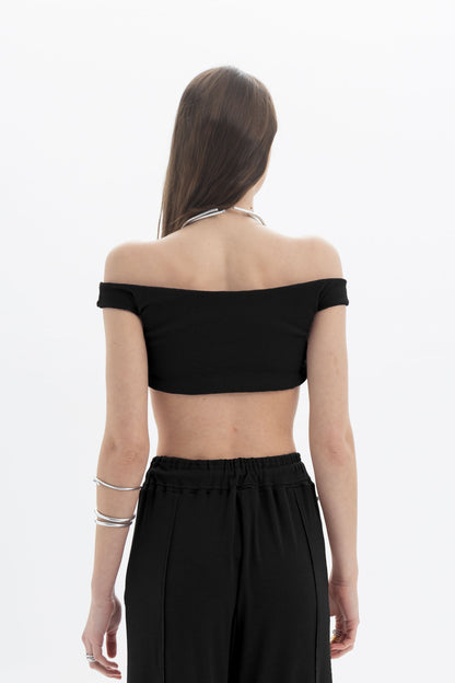 Black and Black B&B off-shoulder crop top with long sleeves, fitted design, and stylish neckline on a mannequin.