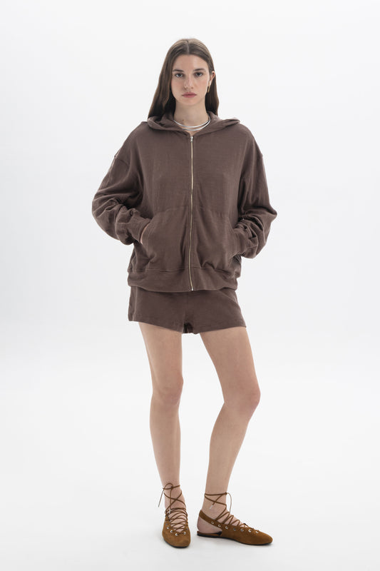 B&B x F Lace Trim Shorts with matching zip hoodie in relaxed silhouette, featuring soft fabric and lace trim details.