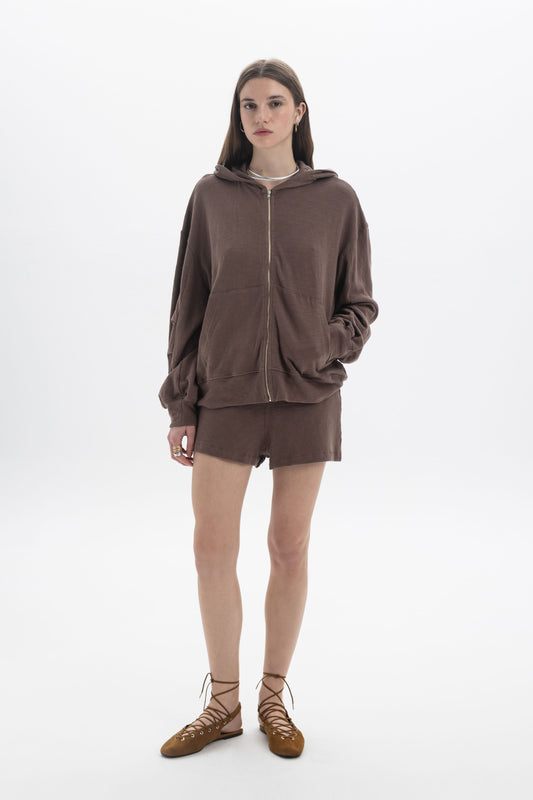 B&B x F Lace Trim Shorts styled with a matching brown zip-up hoodie, perfect for relaxed and comfortable fashion.