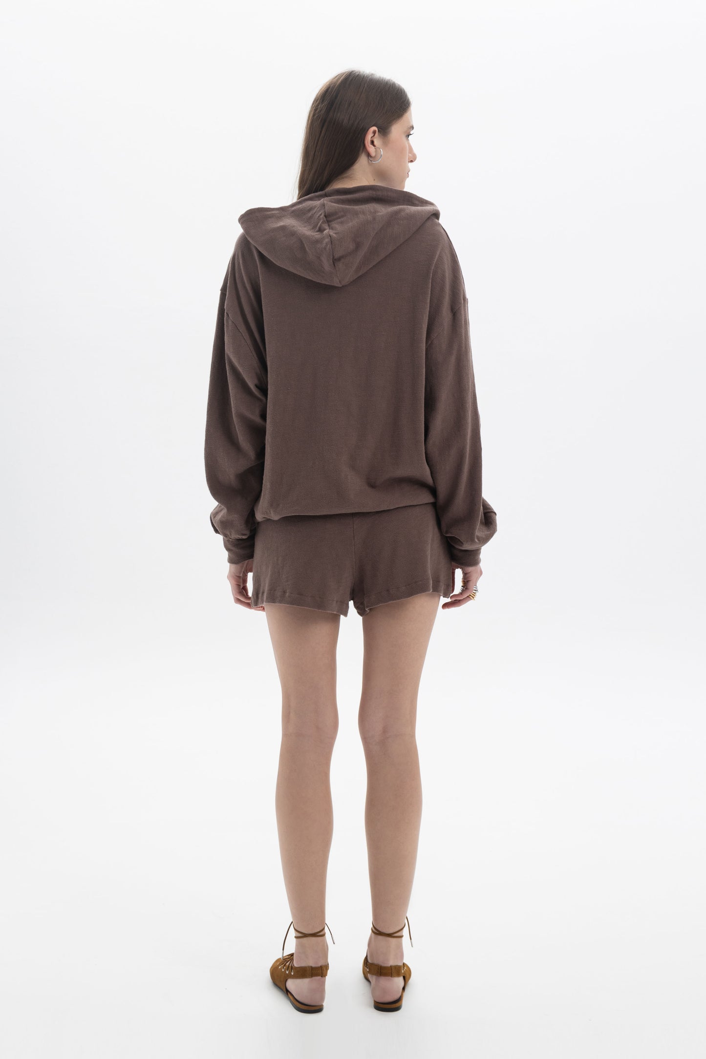 Model wearing B&B x F Lace Trim Shorts and matching hoodie from the BlackandBlack x Fourminds collection.