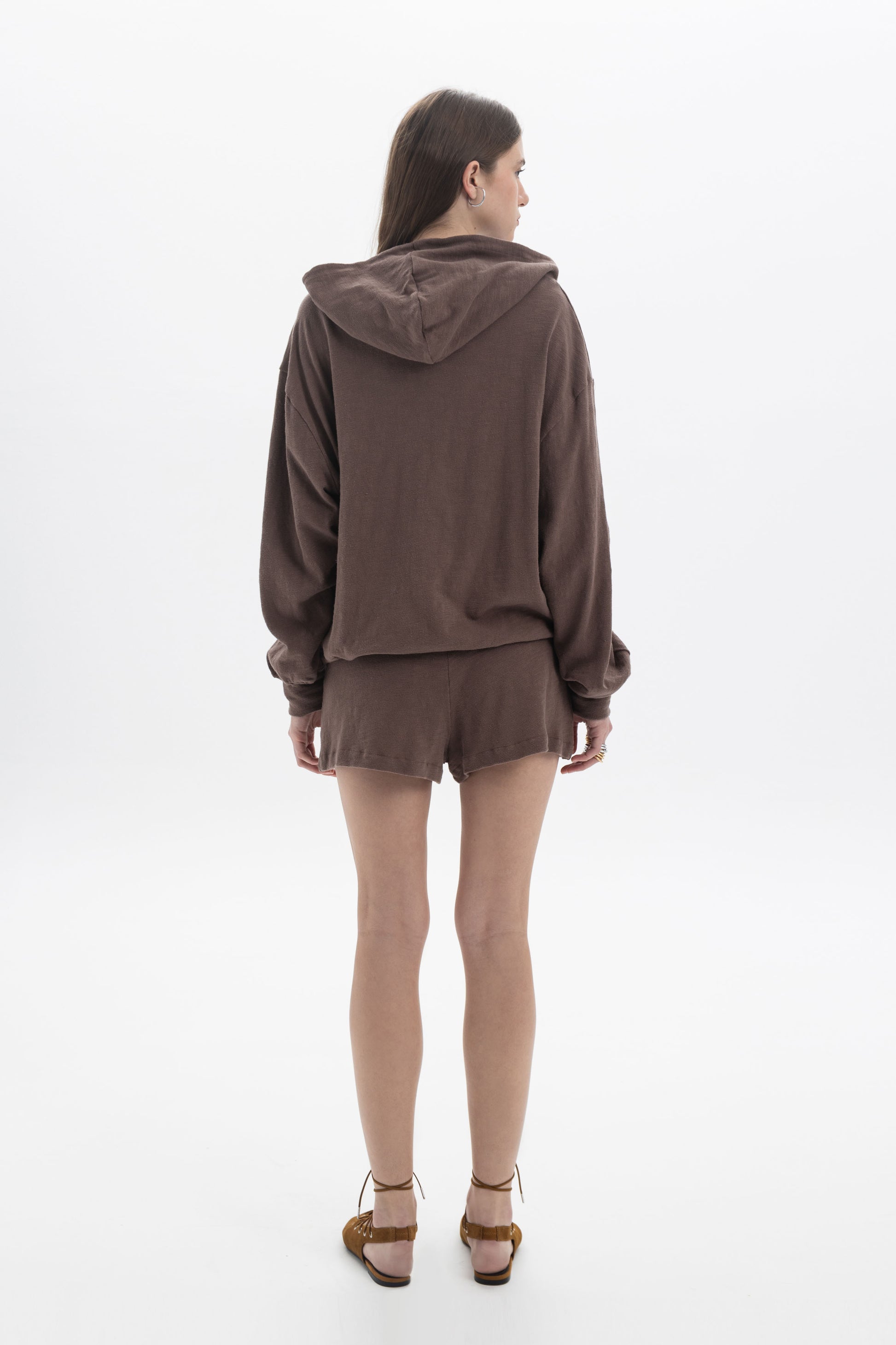 Model wearing B&B x F Lace Trim Shorts and matching hoodie from the BlackandBlack x Fourminds collection.