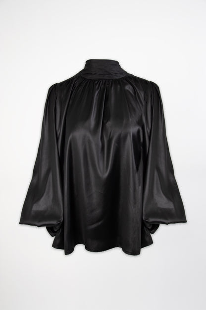 Satin Open-Back Blouse-Black and Black