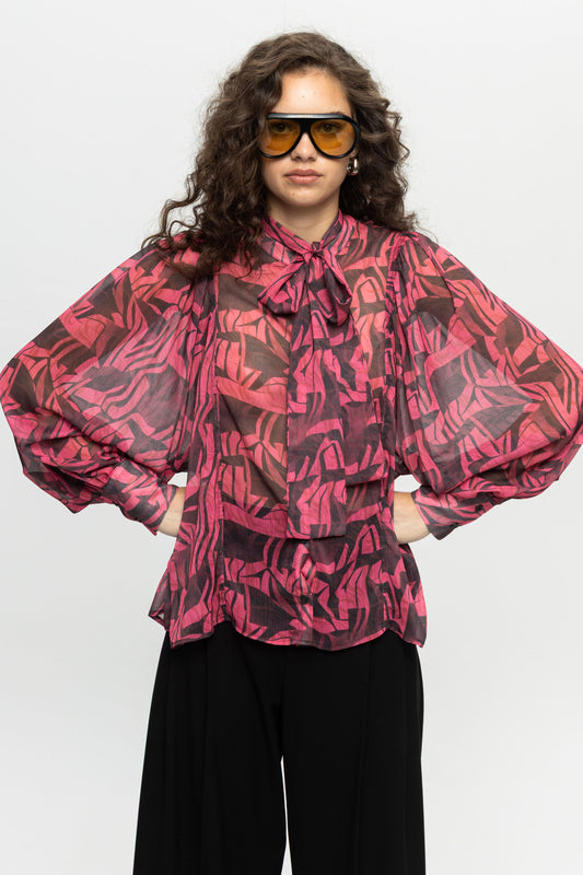 "Fuchsia Mess" Bow-Tie Shirt-Black and Black