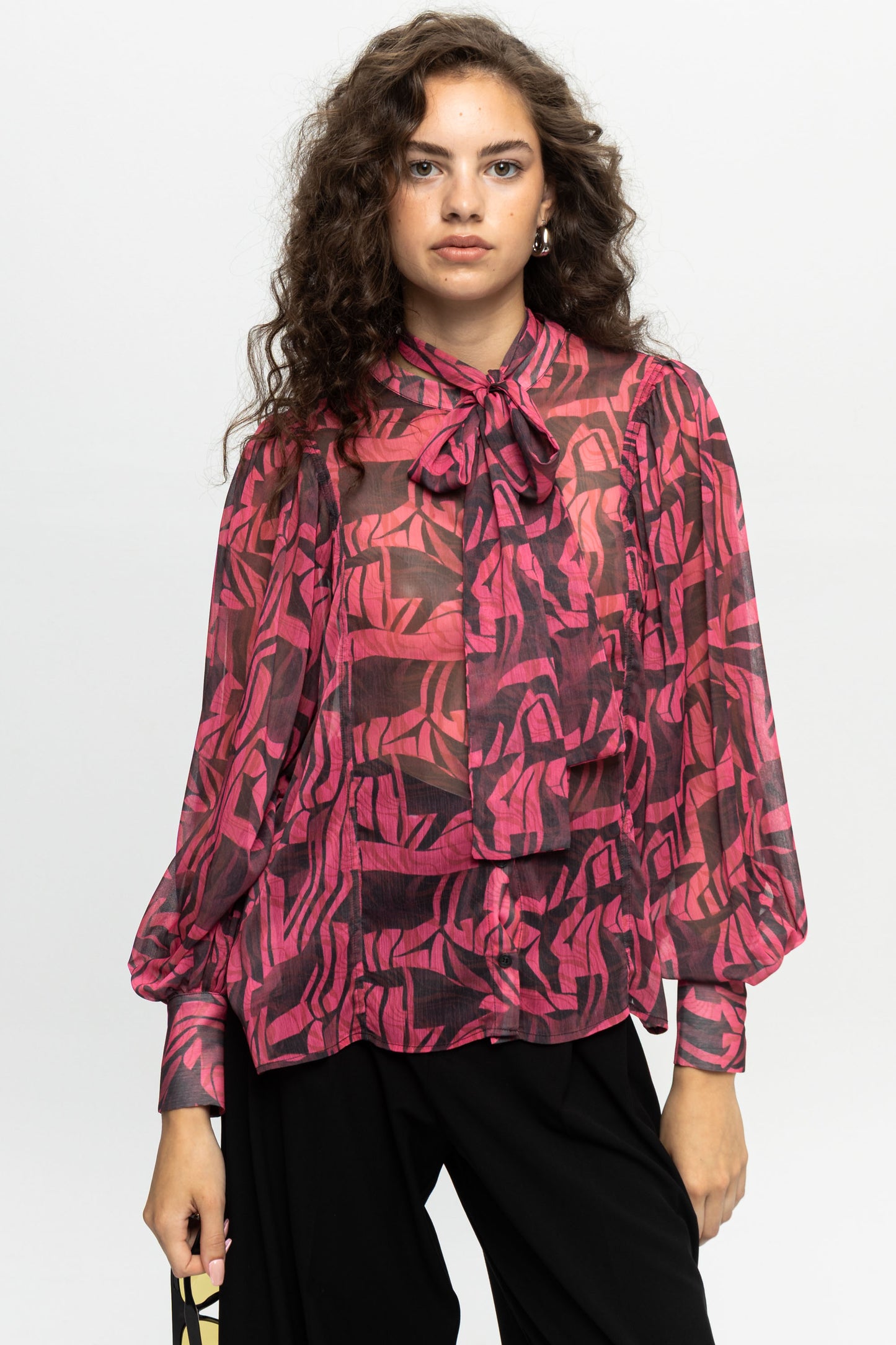 "Fuchsia Mess" Bow-Tie Shirt-Black and Black