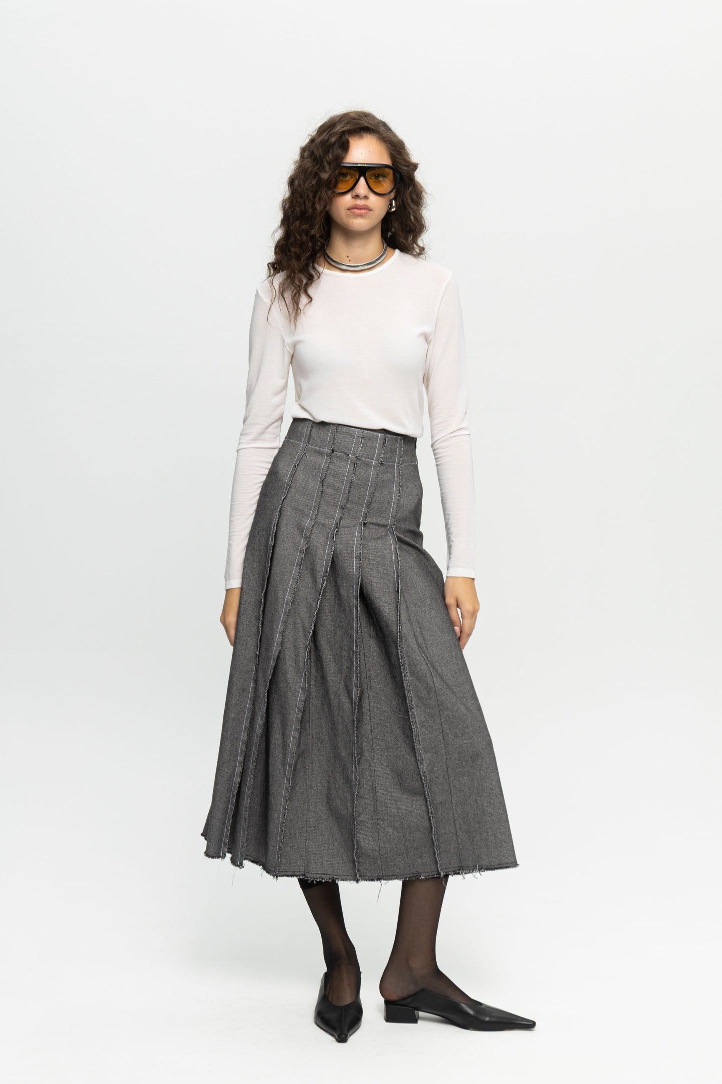 High-Waist Midi Skirt-Black and Black