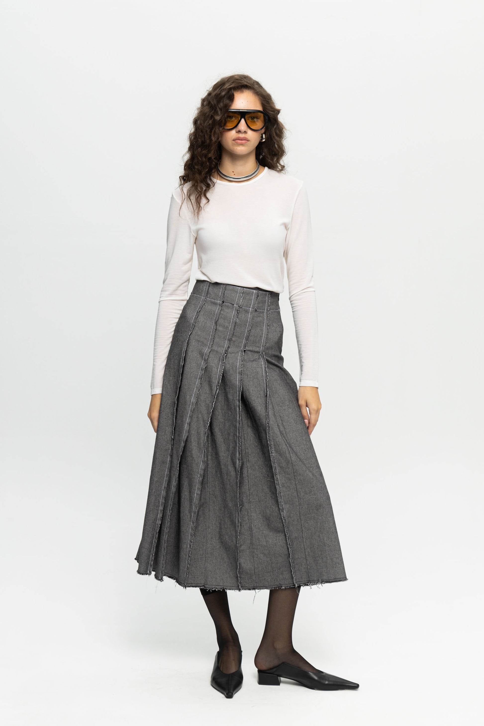 High-Waist Midi Skirt-Black and Black