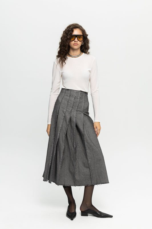 High-Waist Midi Skirt-Black and Black