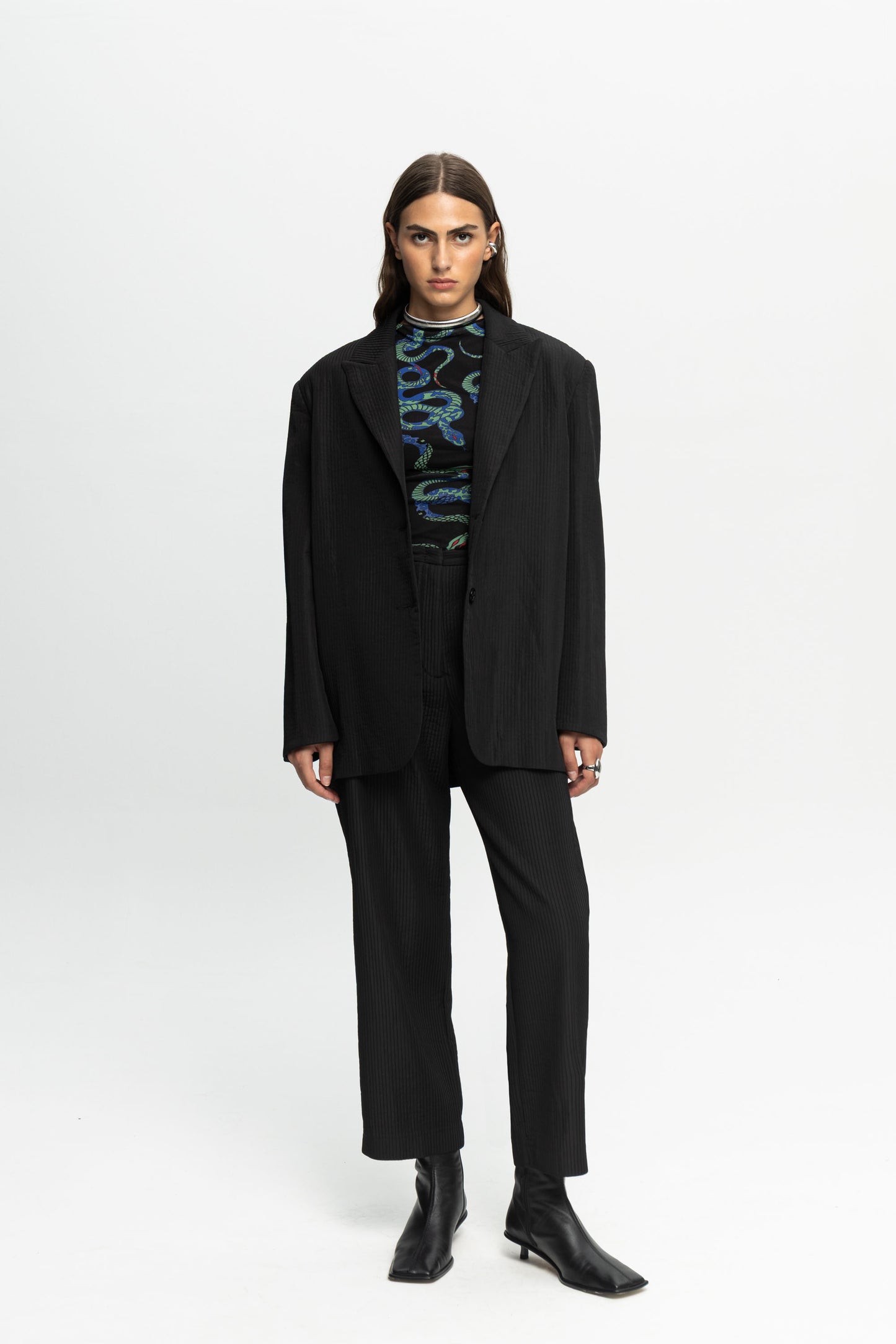 Ribbed Textured Blazer-Black and Black