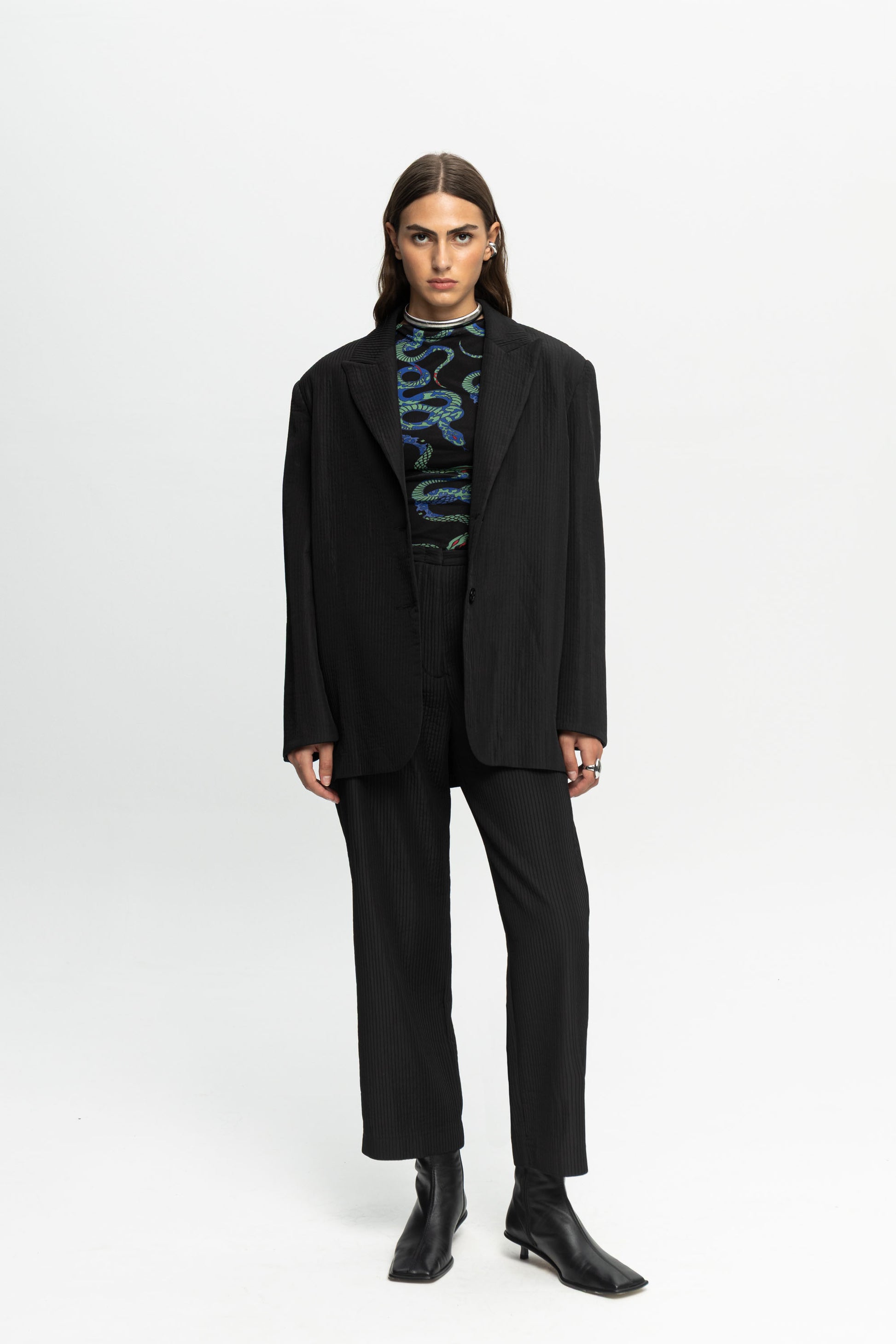 Ribbed Textured Blazer-Black and Black