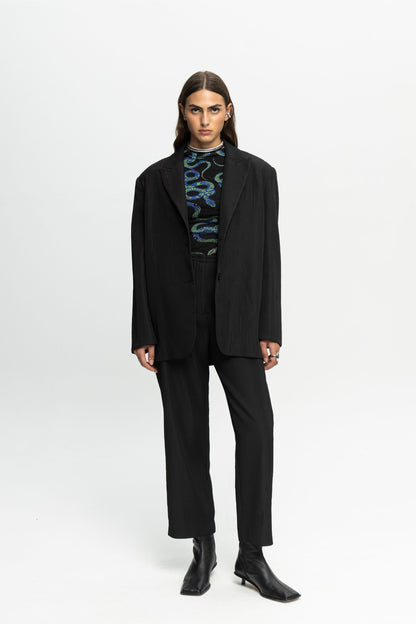 Ribbed Textured Blazer-Black and Black