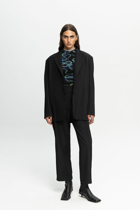 Ribbed Textured Blazer-Black and Black
