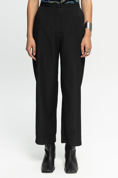 Ribbed Textured Trousers-Black and Black
