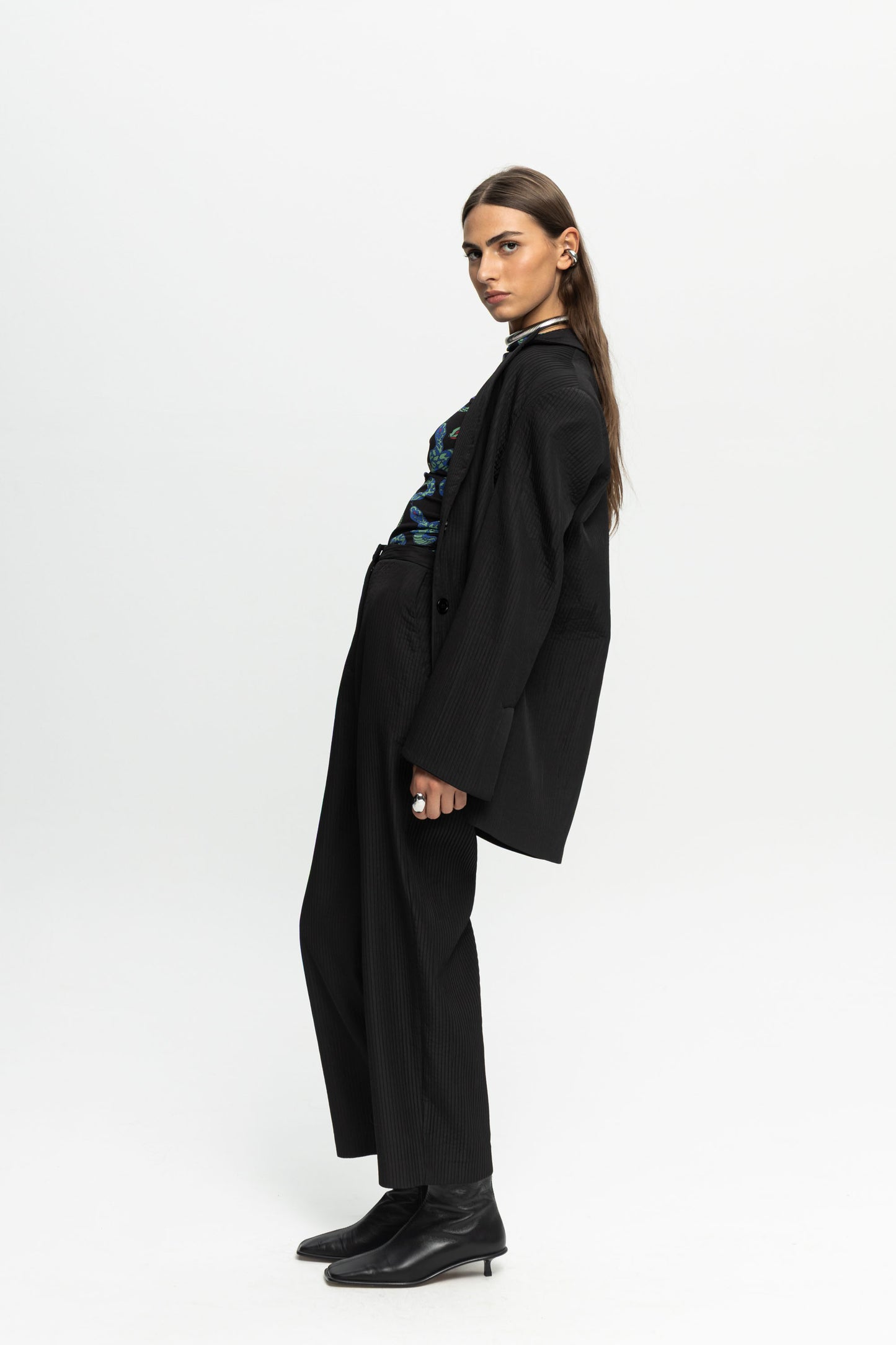 Ribbed Textured Blazer-Black and Black