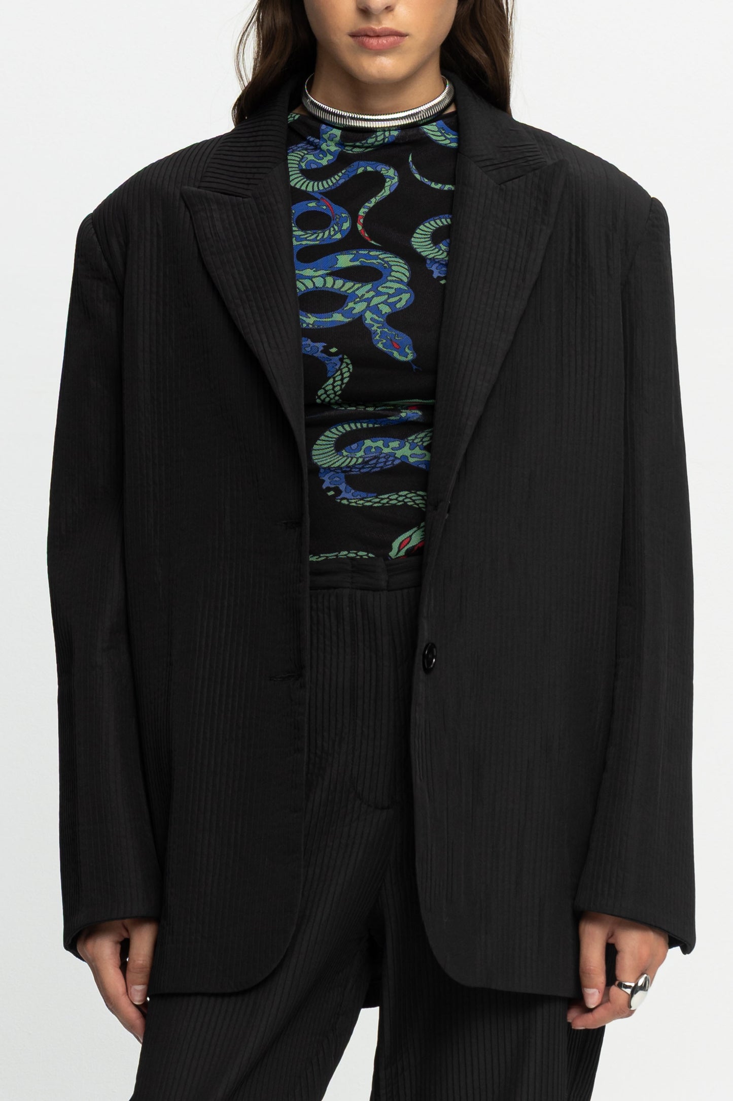 Ribbed Textured Blazer-Black and Black