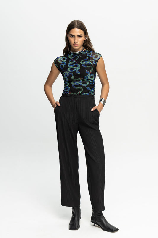 Ribbed Textured Trousers-Black and Black