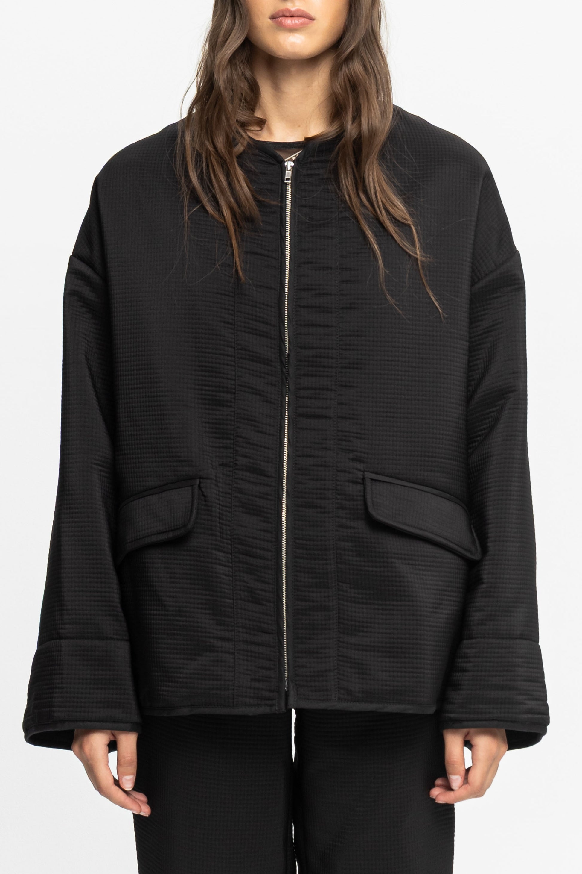 Textured Bomber Jacket-Black and Black