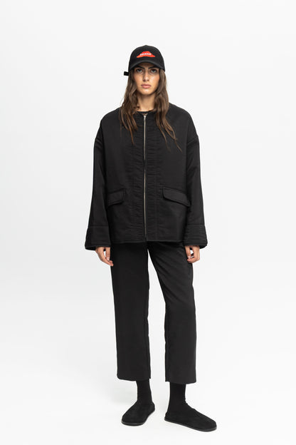 Textured Bomber Jacket-Black and Black